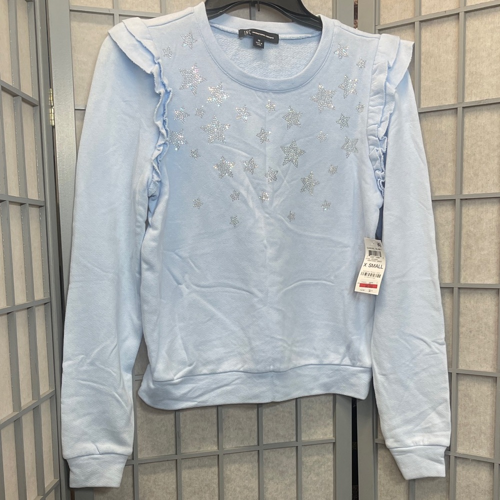 INC International Concepts Light Blue Star Ruffle Sweatshirt